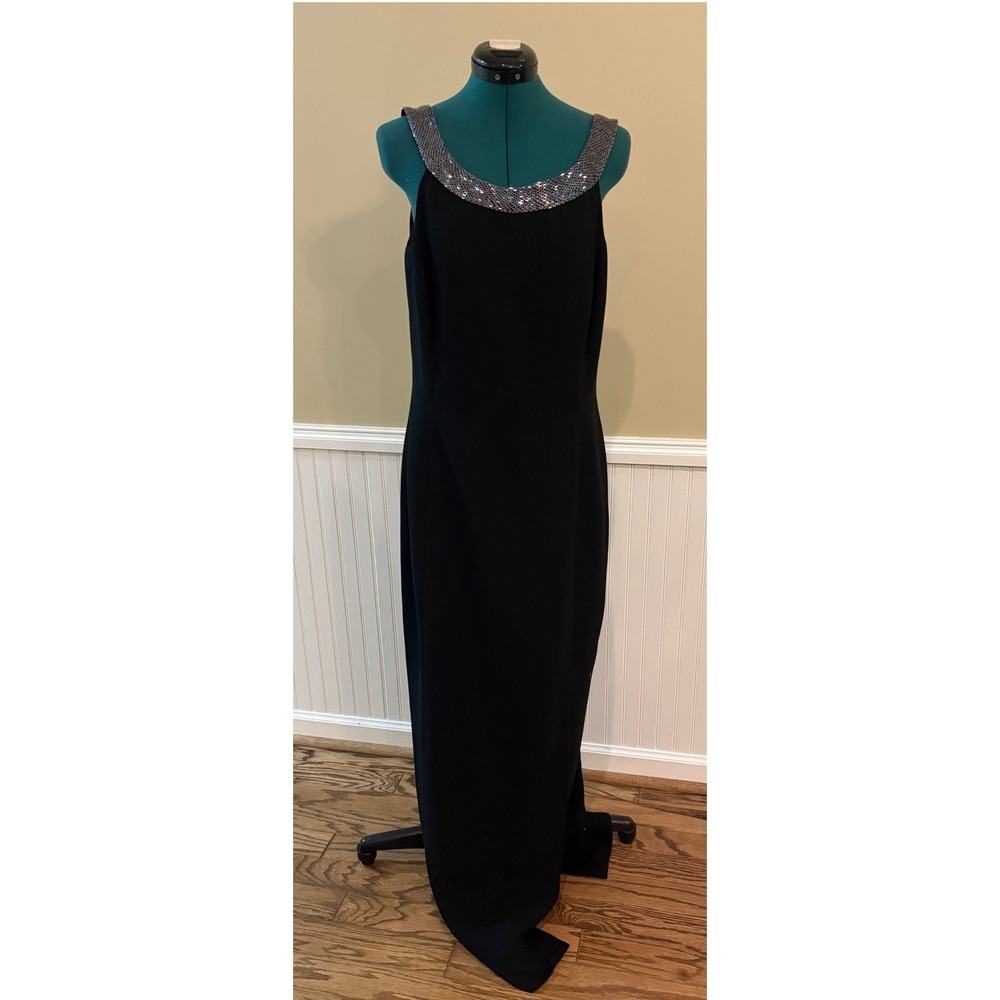 Lauren Ralph Lauren Evening Black Beaded Neckline Column Gown Dress Womens 14